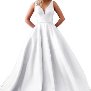 Double V Neck Satin Wedding Dress